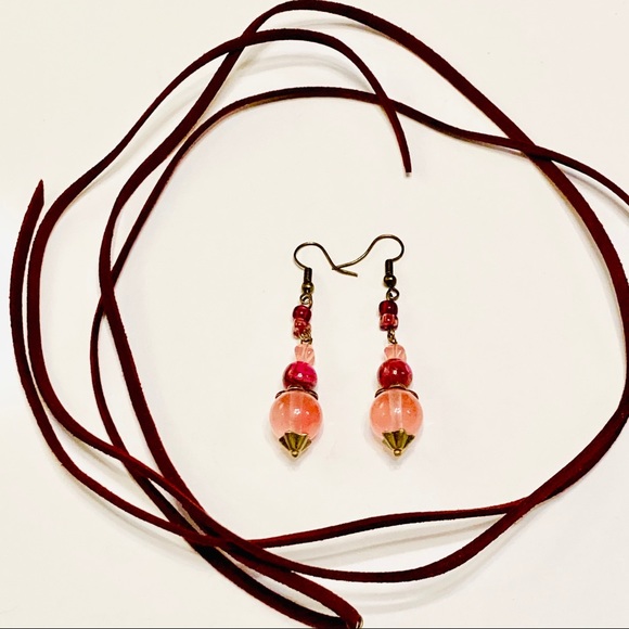 Dark Pink Mauve Rhodonite Stone Necklace & Cherry Quartz Zinfandel Earrings BOHO - Picture 10 of 15